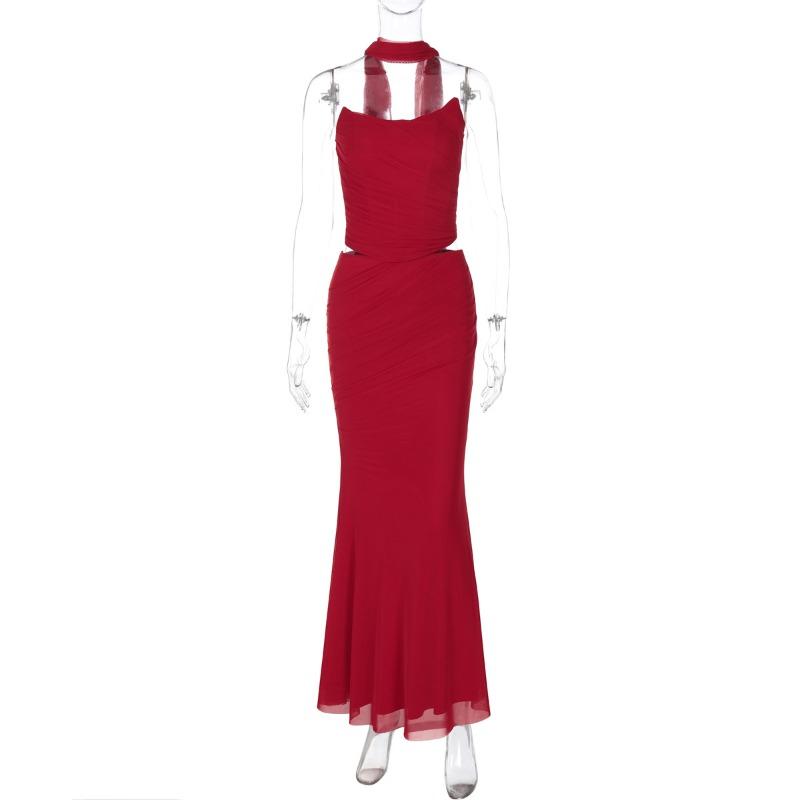 

Сексуальный двойной сетчатый облегающий комплект из двух частей с запахом на груди и бедрами, с длинной юбкой S