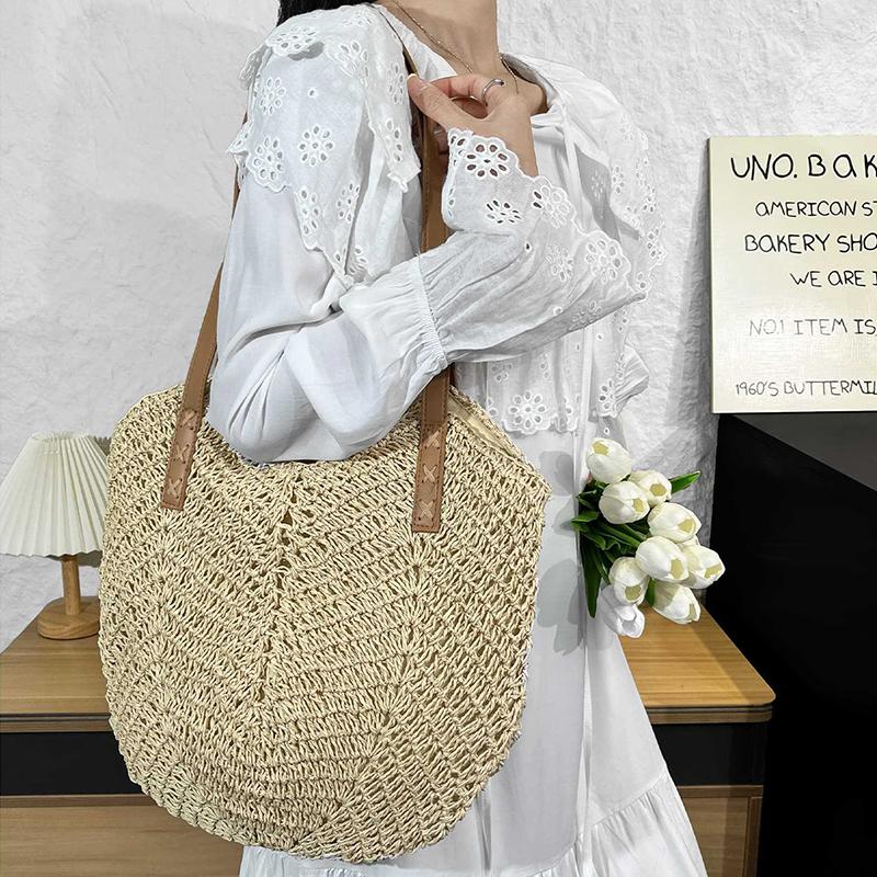 Straw Beach Bag Vintage Handmade Woven Shoulder Bag Raffia Circle Rattan Bags Bohemian Summer Vacation Casual Bags