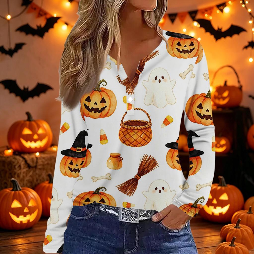 Women’s Casual Halloween Printed V Neck Decorative Button Long Sleeve T Shirt Top with Pumpkin and Candy Pattern