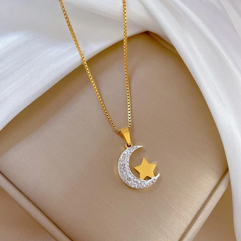 New Titanium Steel No Rust Inlay Cubic Zirconia Stone Moon Star Pendant Necklace for Women Dainty Charm Girls clavicle Necklace