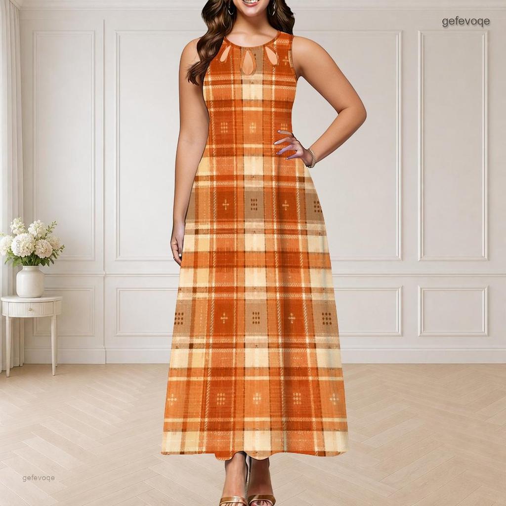 Women Plus Size Sleeveless Round Neck Triple Keyhole Cutout Abstract Print Maxi Dress