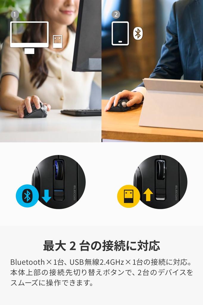 ELECOM Bitra Trackball Thumb Bluetooth Wireless with 2 5 Includes Dedicated Storage Black Mouse, Silent, Operation, 2.4GHz, Multi-Pairing Devices,