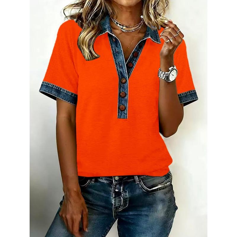 Summer New Style Polo-neck Short-sleeved Top Trendy Denim-edge Loose T-shirt for Women