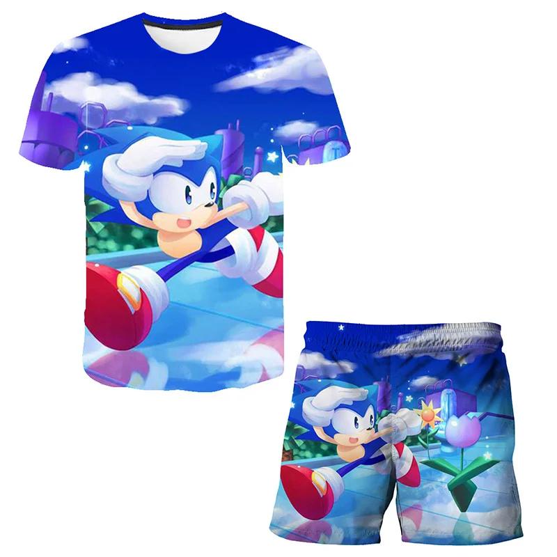 2025 MINISO New boys and girls super sonic Tshirts+shorts  Harajuku Sonic print suit T-shirt + shorts fashion street style children's short sleeves