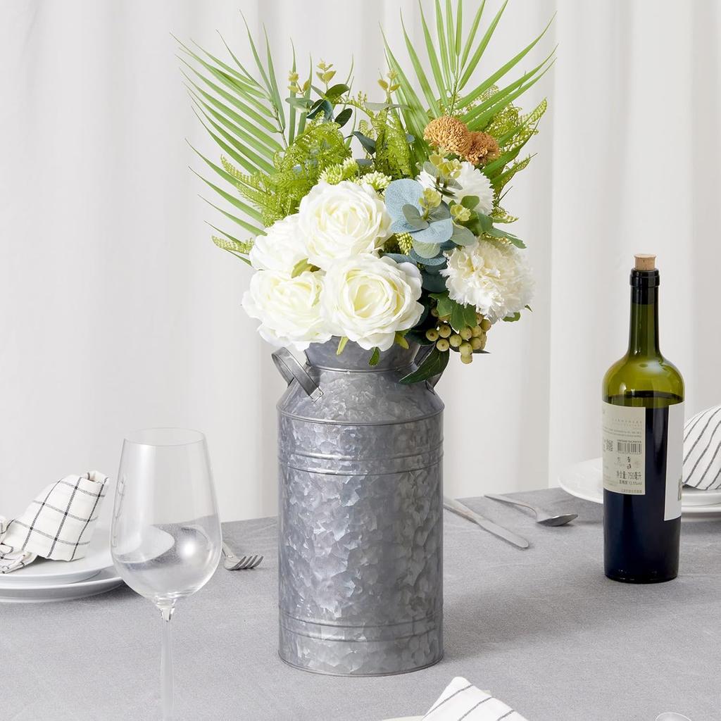 12" Inch, Galvanized Metal Farmhouse Centerpieces Milk Can Jug for Kitchen Cabinets Bedroom Decoration, Rustic Table Tin Vase, Vintage Country Flower