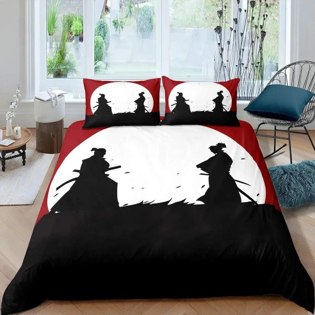 Set Letto Samurai Giapponese, Copripiumino con Siluetta di Edificio Paesaggio Tramonto Giappone per Uomini Adolescenti, Nero Rosso