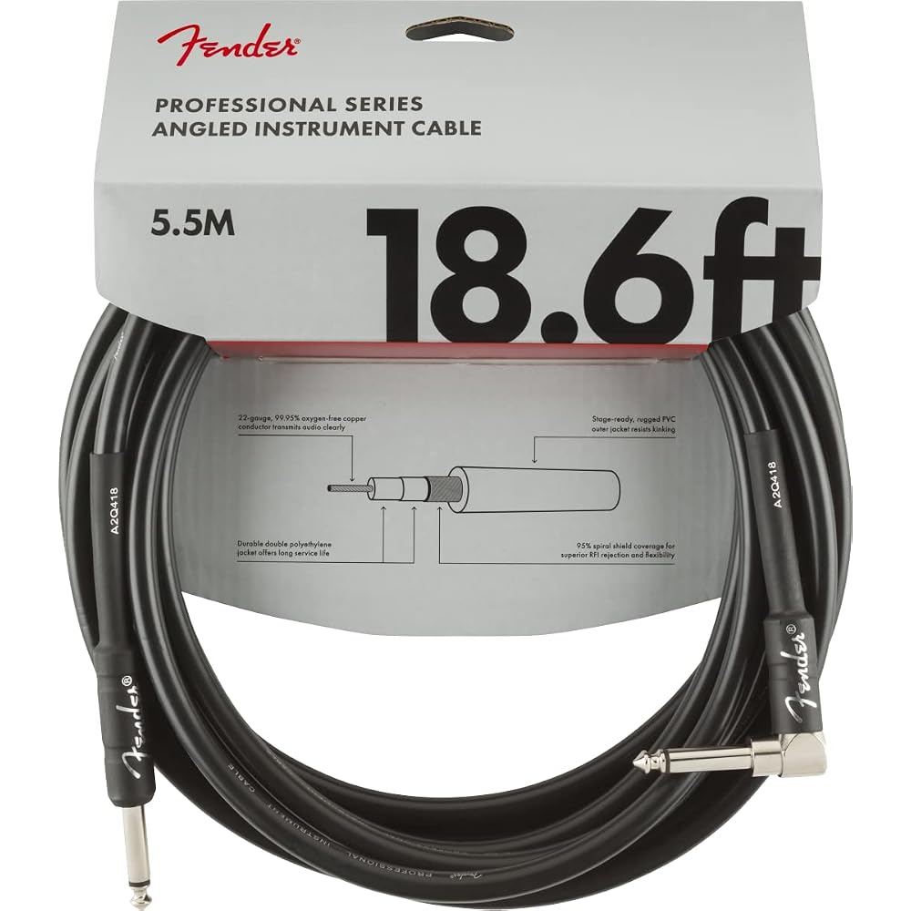 Fender Shielded Cable Professional Series Instrument Cable, Straight/Angle, 18.6', Black