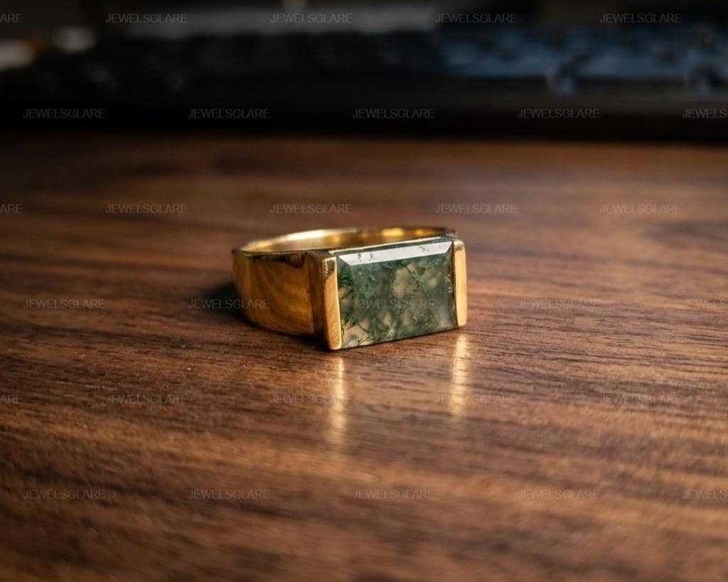 Genuine Moss Agate Men`s Signet Ring