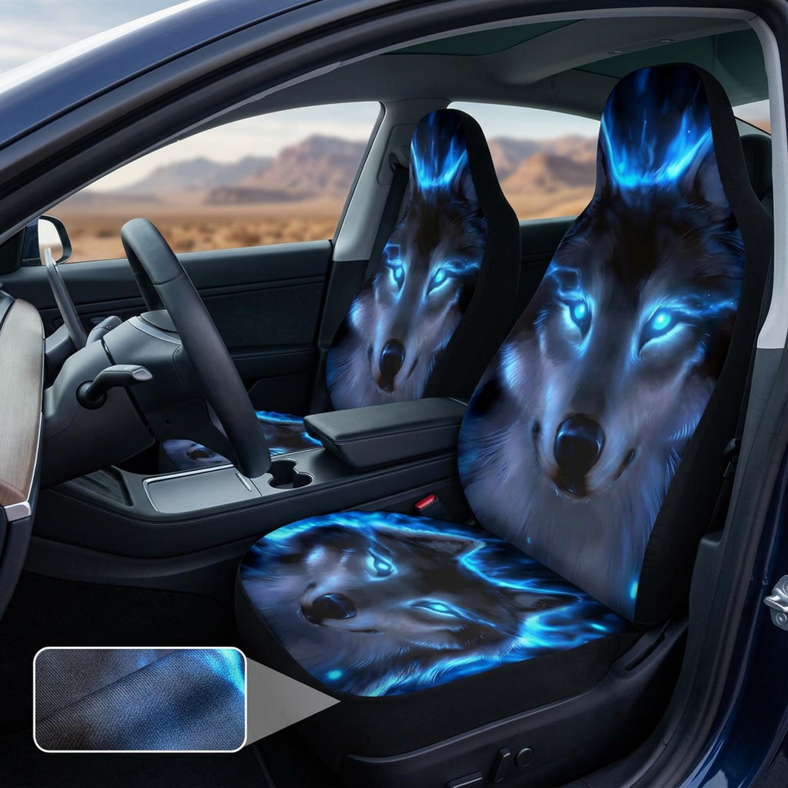 Stretchable Antislip Car Seat Cushion Covers Protectors Feature 3D Wolf Prints And Sponge Pad For Sedans Comfort 1 Pair