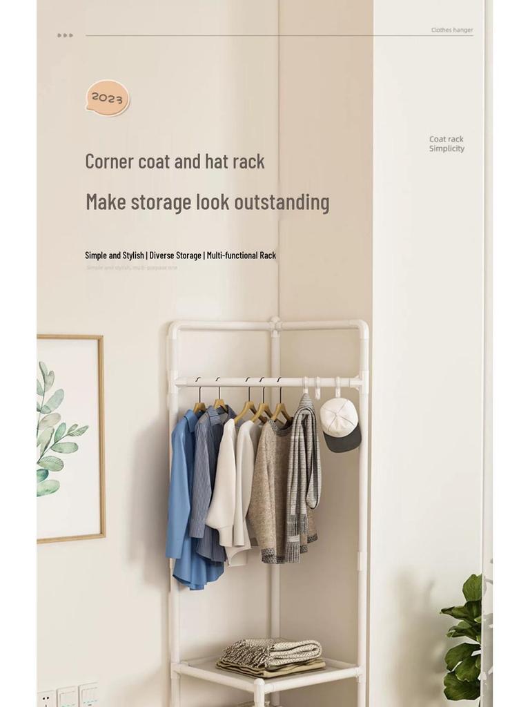 Cabide de Roupas e Chapéus de Canto Multifuncional - Prateleira de Secagem e Armazenamento Interna de Chão