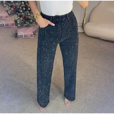Rhinestone High Waist Wash Jeans Women Solid Color Loose Straight-Leg Denim Pants Female Spring Lady Y2K All-match New In Jean