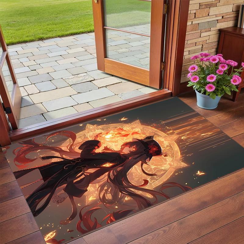 Anti‑Slip Crystal Velvet Floor Rug, Genshin Impact Design Carpet for Indoor Living Bedroom Home Decoration