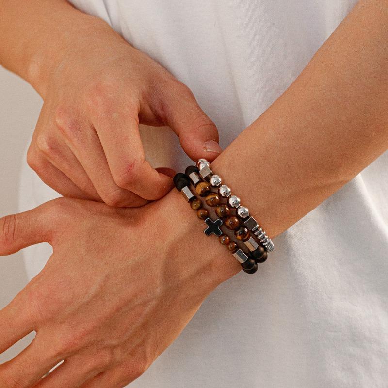 Vintage Multilayer Beaded Bracelet for Men Fashion Hip Hop Tiger Eye's CCB Titanium Steel Cross Beads Bracelets Accessories Men