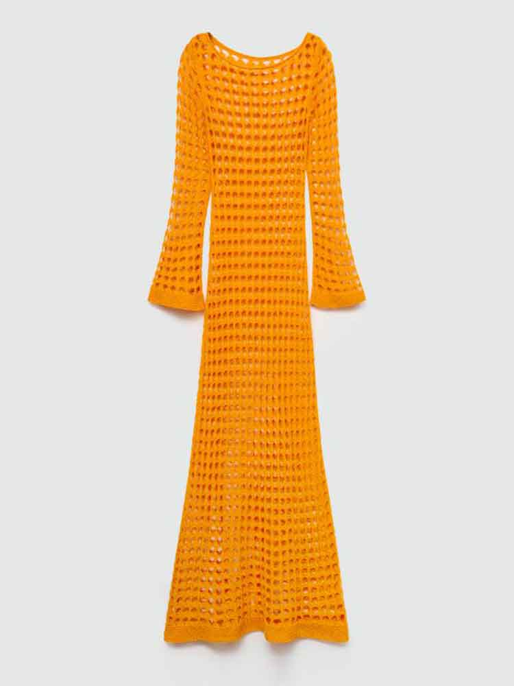 EDOLYNSA Sexy Cut Out Bell Sleeve Solid Knit Crochet Beach Maxi Dress 2024 Women Summer Chic Swimsuit Cover Up Elegant Party Outfit K23