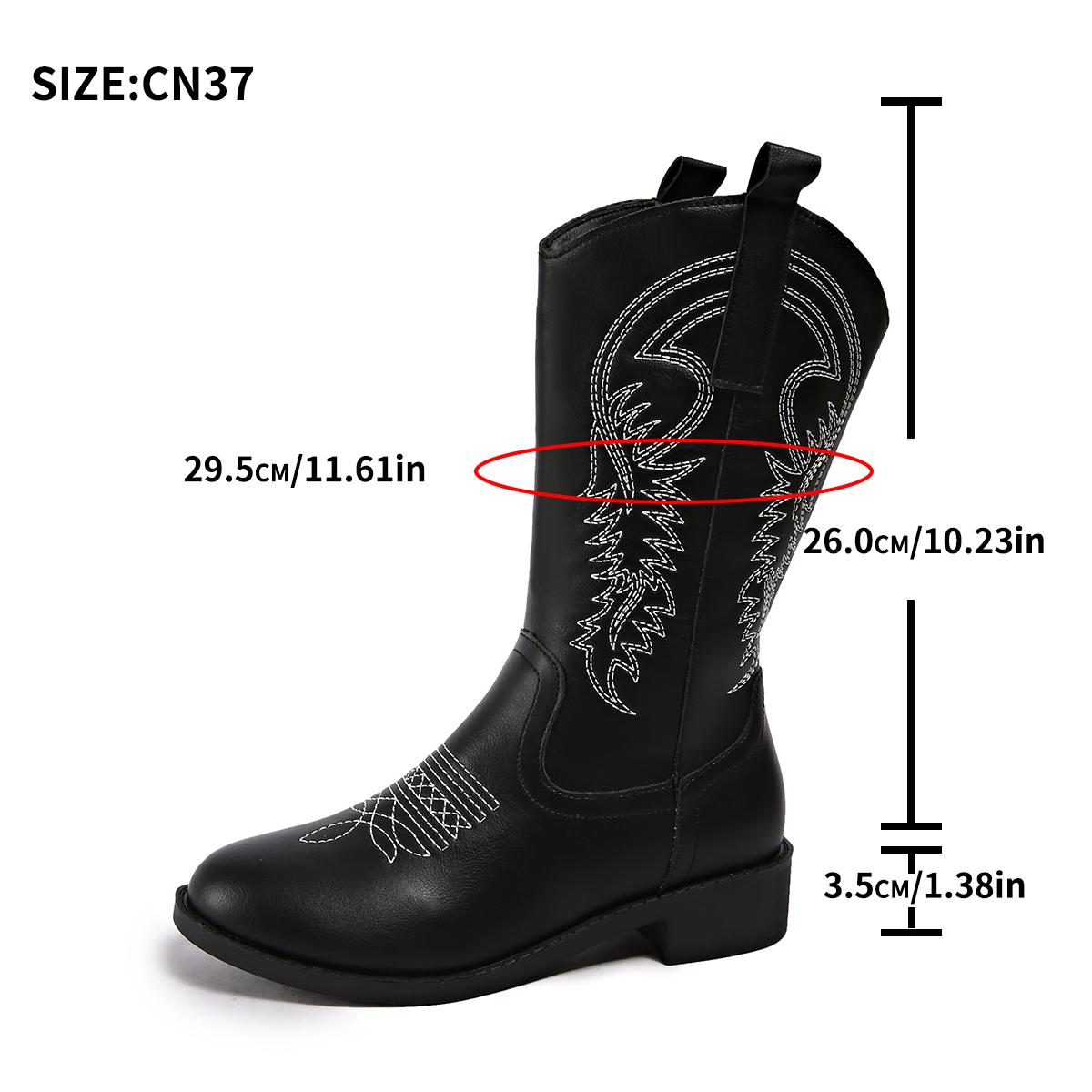 

Aphixta Вышитые Полусапоги до середины икры Современные Ботинки Квадратный каблук 3,5 см Дизайн с тотемом Длинные Ботинки Туфли Круглый носок Черный Большой размер 43 Ковбойские ботинки 36