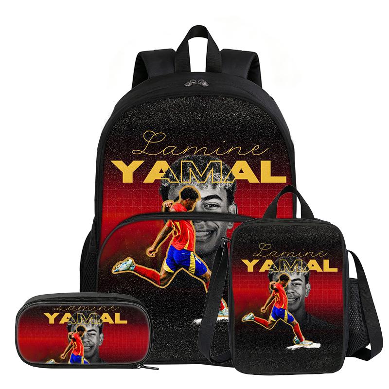 Set de 3 piezas L-Lamin Yamal con Mochila con Bolsillo Frontal Material Escolar Estrella de Fútbol Bolso Escolar, con Bolsa para el Almuerzo, Estuche, Mochila