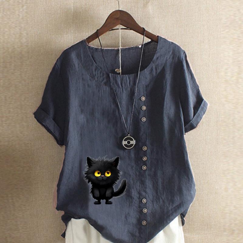 Damenmode, T-Shirt mit schwarzem Katzen-Print, kurzärmelig, lockeres Baumwollhemd, lässige Sommerbluse, Tops, Übergröße
