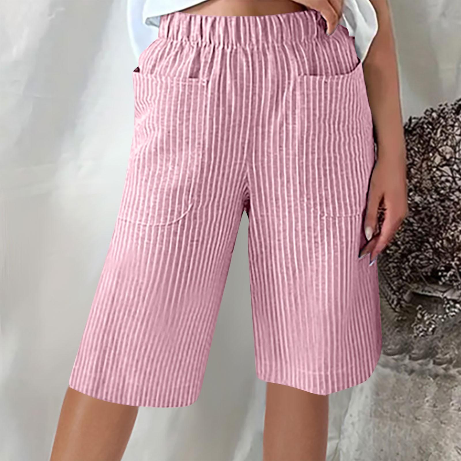 

Жіночі модні повсякденні брюки з п ятьма балами з принтом і еластичною талією в смужку з кишенями XL рожевий