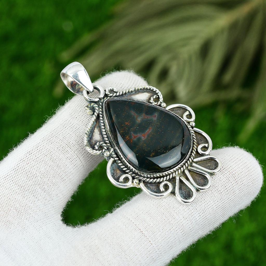 Pear Bloodstone Stone 925 Silver March Bezel Mother Artisan Boho Trendy Pendant