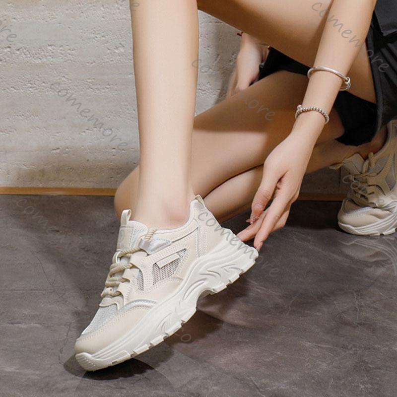 Fashion Comemore Platform Sneakers for Women Spring Summer Mesh Breathable Women's Sport Shoes Casual Solid Lace Up Chunky Heeled Tenis