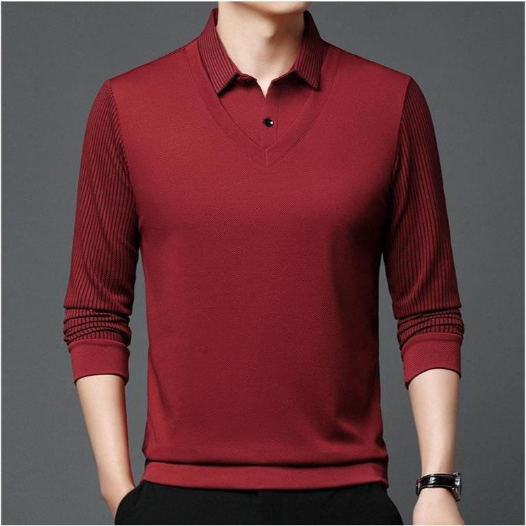 Men's Casual Long Sleeve Polo Shirt Polyester & Spandex Blend, Lapel Collar, Striped Knit Fabric with Slight Stretch, Button Detail, Spring/Fall Wear