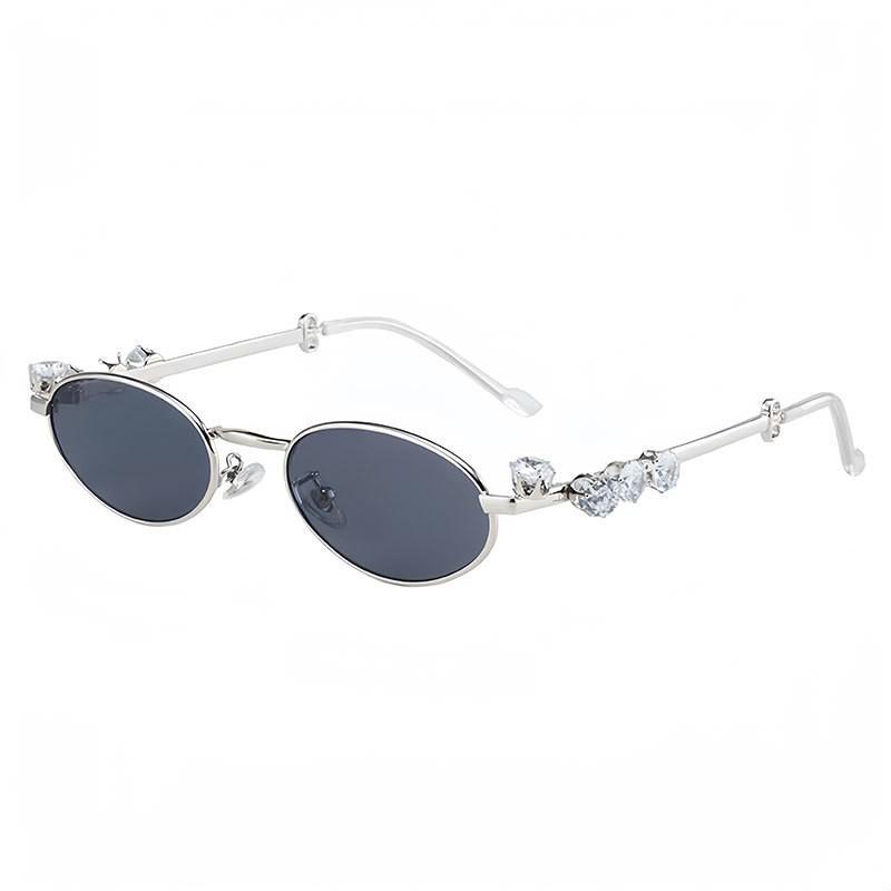 GM Diamond-Set Silver Frame Oval Y2K Glasses - Women's Small Frame, Myopia-Compatible, Makeup-Free Look.