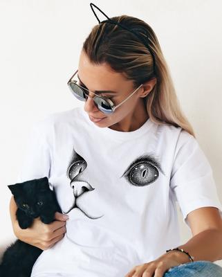Women's Fashion Summer Casual Short Sleeve Round Neck Hand Drawn Cat Printed