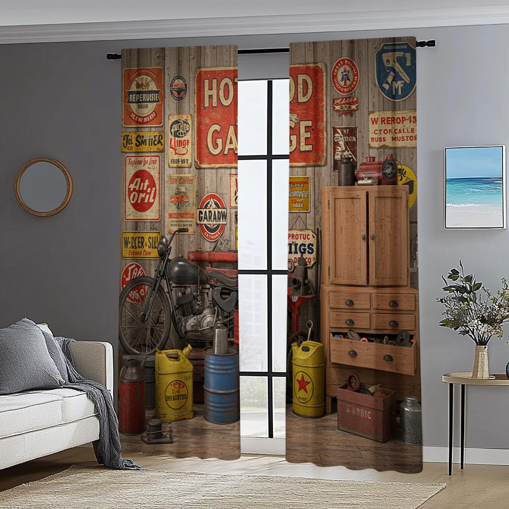 2pc, Party Window Curtains Family garage car repair shop Machine Washable Fabric,Without Electricity Birthday Party Applies to
