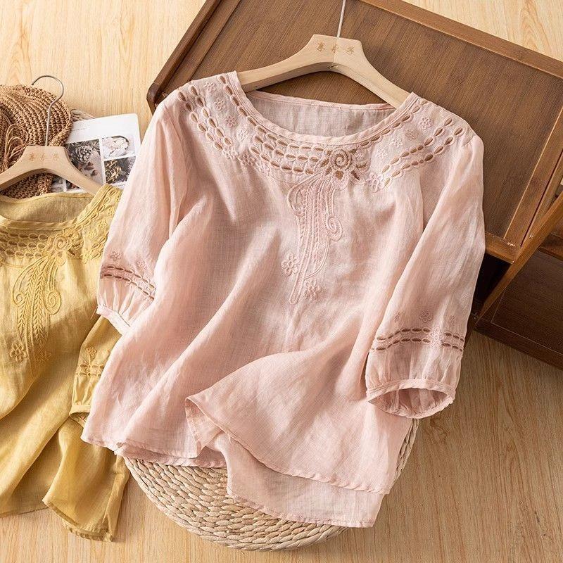 Retro Round Neck Embroidered Cotton and Linen Blouse Women's Fashion Sense Temperament Thin Section Slimming T-shirt