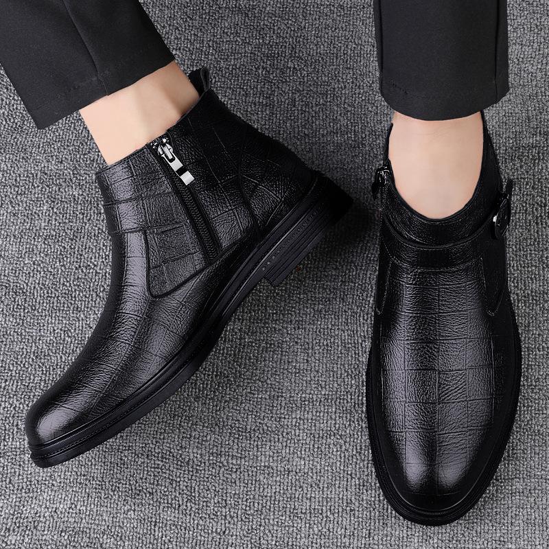 

First layer cowhide Martin boots men s autumn and winter new British medium and high-top leather shoes velvet cotton leather boots zipper short boots 38
