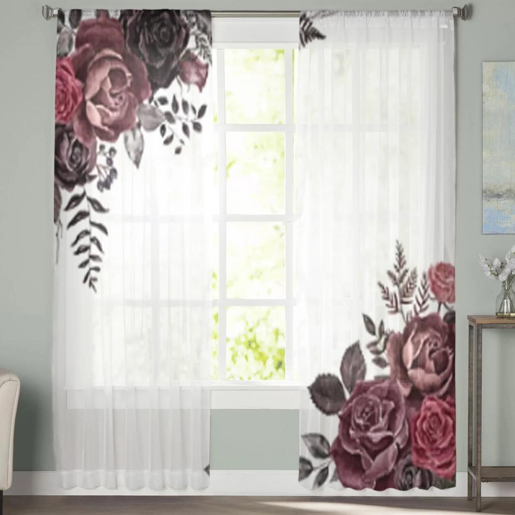 Perdele transparentă cu trandafiri roșu închis și burgundă pentru fereastră din sufragerie perdea transparentă din tul din voal draperii pentru dormitor