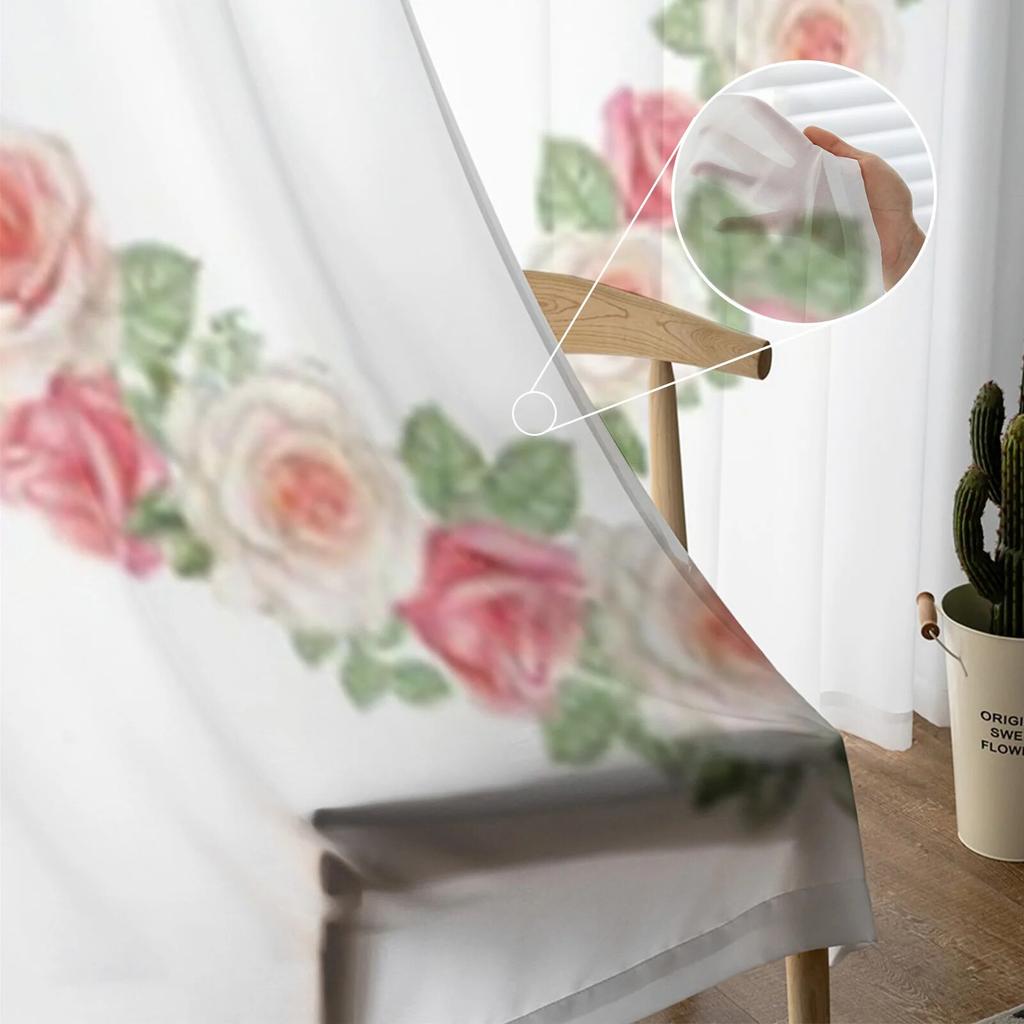 Watercolor Heart Rose Wreath Sheer Curtains For Living Room Window Transparent Voile Tulle Curtain Bedroom Drapes Home Decor