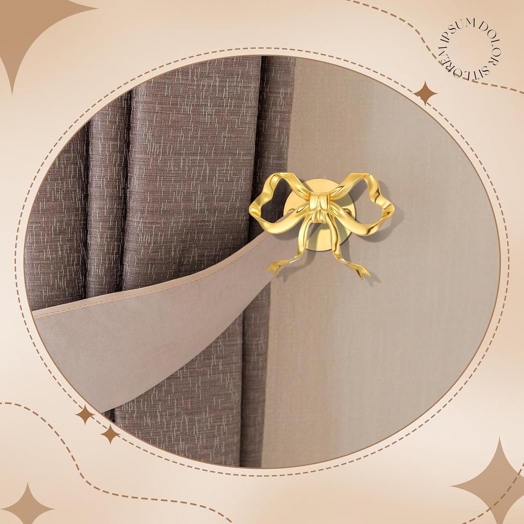 2 Pcs Metal Bow Curtain Holdbacks Gold Wall Mounted Bow Curtain Hold Backs Curtains Modern Gold Holders for Living Room Bedroom Office Home