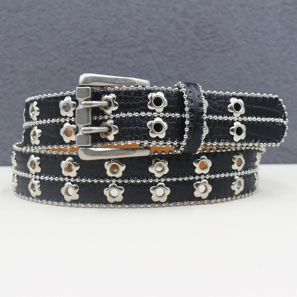 Men's and Women's European & American Punk Style Leather Belt with Flower Rivet and Eyelet Design