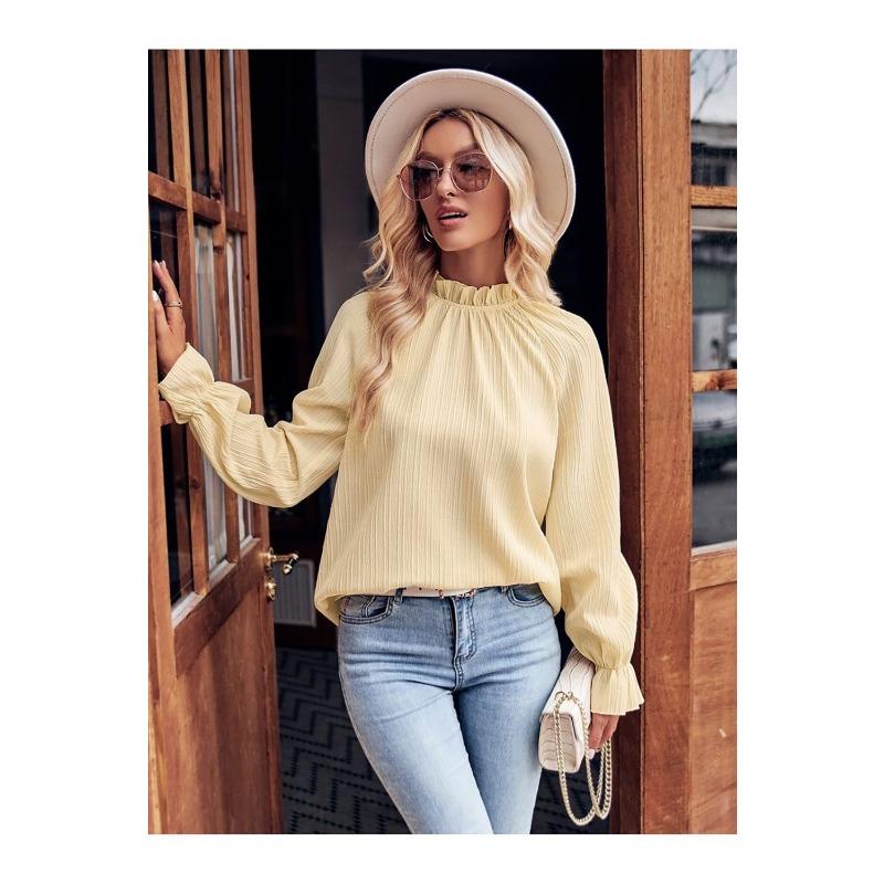 Fashion Elegant Long Sleeve Jacquard Women Blouse Loose Simple Office Shirt Female Stand Collar Solid Color Vintage Tops 3303