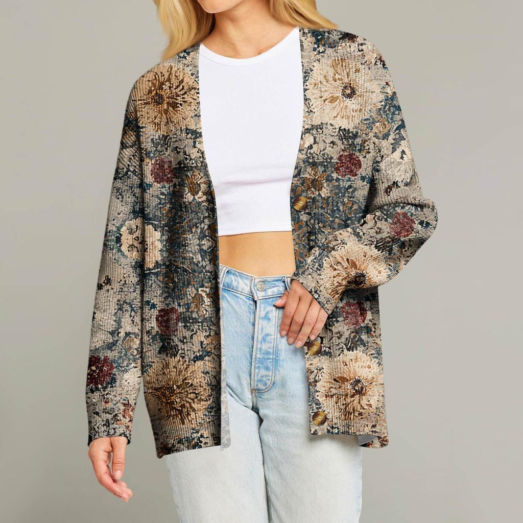 Women's Fashion Long Sleeve Christmas Print V-Neck Button Loose Cardigan Top
