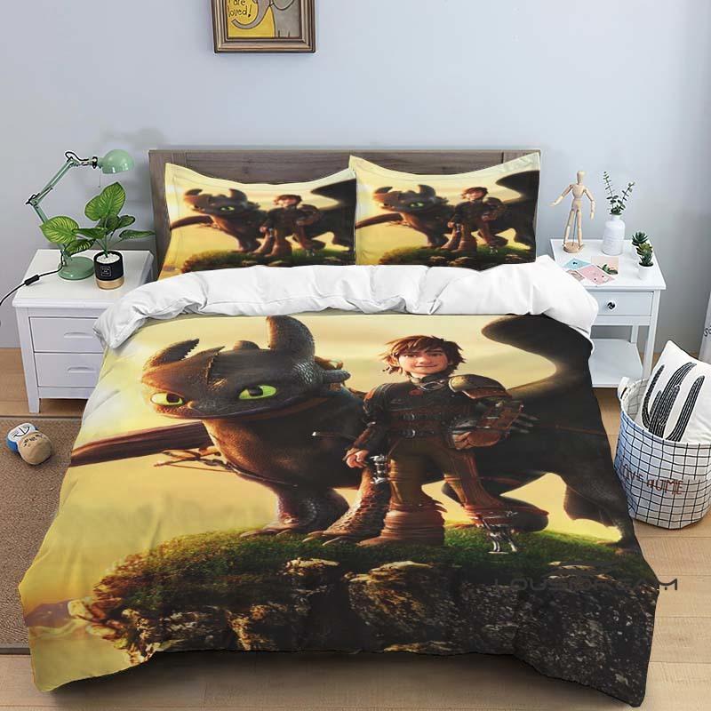 "How To Train Your Dragon" Cartoon-Print 3-Piece Bedding Set — Duvet Cover & Pillowcases (Suitable for Teens & Children — Boys &