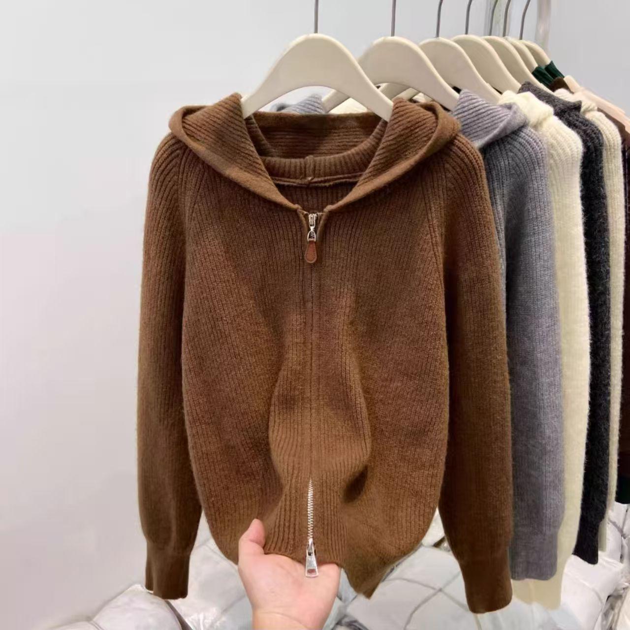 

2025 Korean Retro Cable Knit Double Zipper Hooded Sweater for Women - Autumn/Winter Top Large кофейный