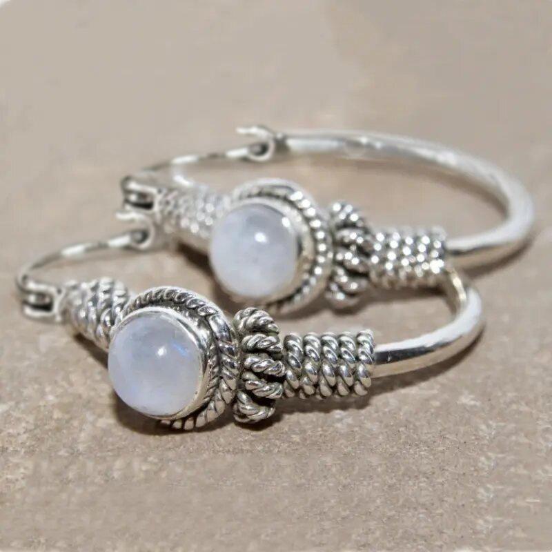 Bohemian Style Vintage Inlaid Synthetic Moonstone Hoop Earrings Women Elegant Silvery Plated Banquet Wedding Jewelry Accessories