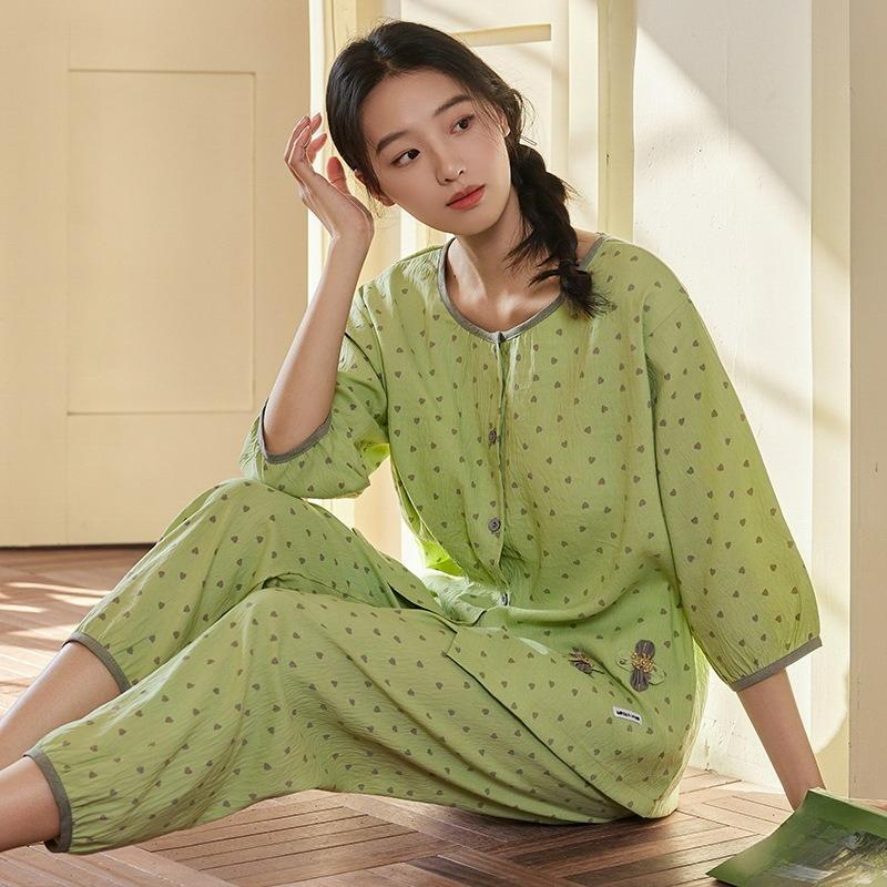 Pajamas Women's Summer Three-quarter Sleeve Home Service Two-piece Suit with Chest Pad Fairy Style Thin Section Cloud Cotton Loose Large Size