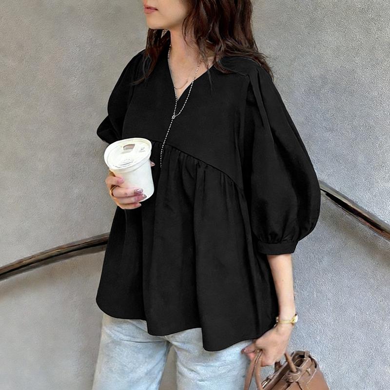 ZANZEA חולצת נשים קז'ואלית עם צווארון וי בצבע אחיד ושרוולי 3/4