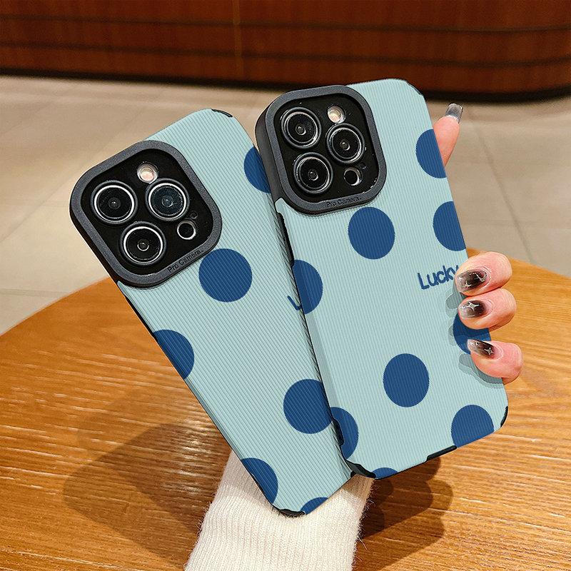 Custodia Verticale in Pelle con Fantasia di Pois Blu Carini, Custodia Morbida in Silicone Antiurto con Protezione Completa per Obiettivo Fotocamera per IPhone Samsung
