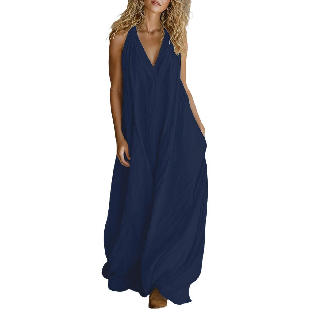 Women’s Casual Sleeveless Loose Fit V Neck Maxi Dress with Pockets Lightweight Solid Relaxed Long Sundress for Daily Wear