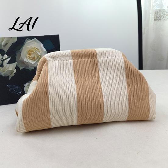Portable Toiletry Bag Woven Striped Clutch Purse for Woman Large Capacity Cosmetic Pouch Knit Dumpling Bag Kiss Lock Handbag Evening Party Storage
