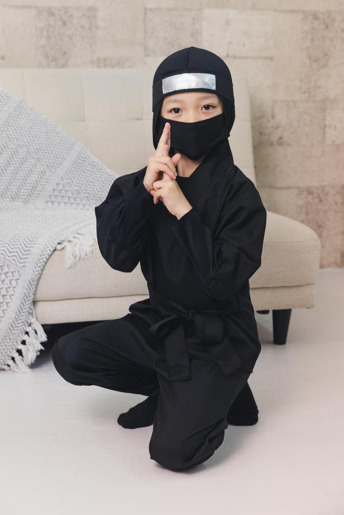 Clear Stone Halloween Ninja Cosplay Jet Black Costume, Black, Kids, 120cm,