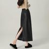 Black Women's High Waist PU Leather Midi Skirt - Slimming A-Line Bodycon with Slit