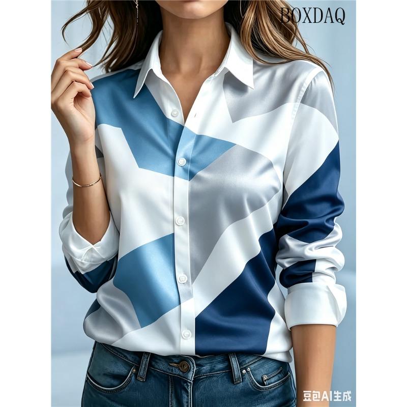 Fashion Women's Button Geometric Color Blocks Printed Shirts Elegant Women's Office Long Sleeve Shirt 2026 Autumn Casual Blouses