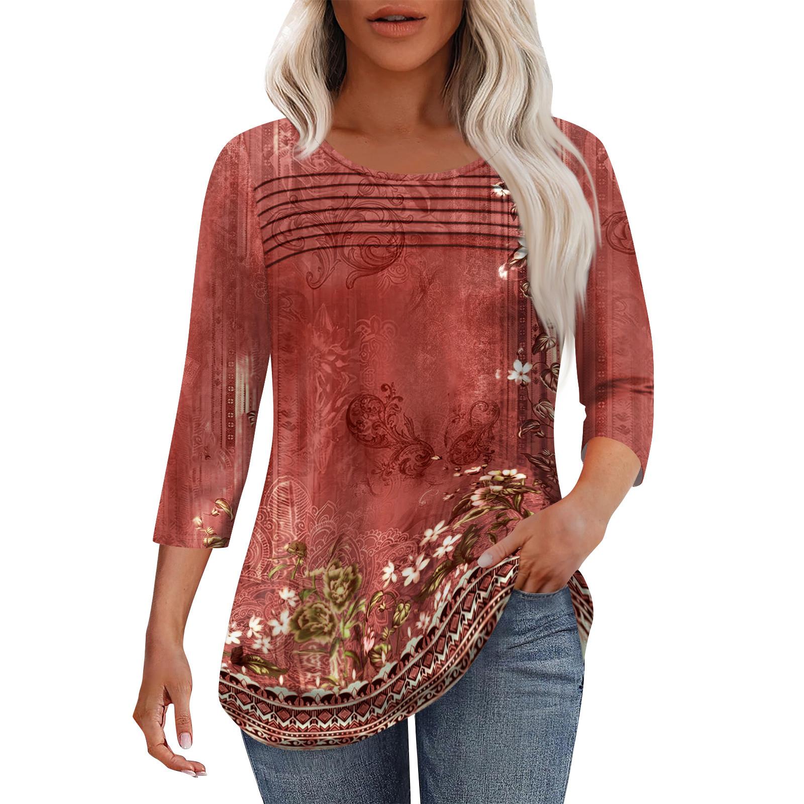 

Женская мода круглый вырез горловины плиссированная передняя планка топ рукав 3/4 XL винный