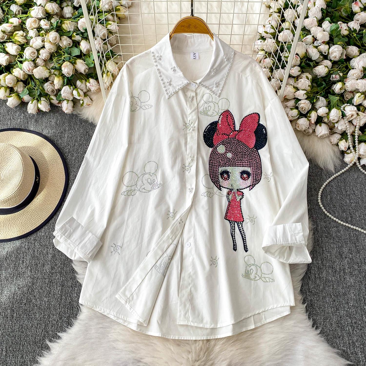 

Весна Осень Женский Сладкий Роскошный Бисероплетеный Мультяшный Стразы Однобортный Оверсайз Свободный Топ Футболка для Студента One Size белый