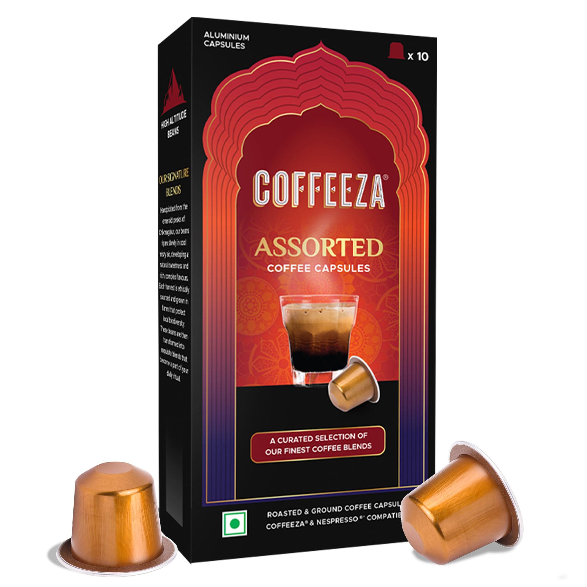 COFFEEZA Assorted Box Of 10 Coffee Capsules Classico, Intenso, Cremoso, Forte, And Mysore Nuggets, 70 Gram